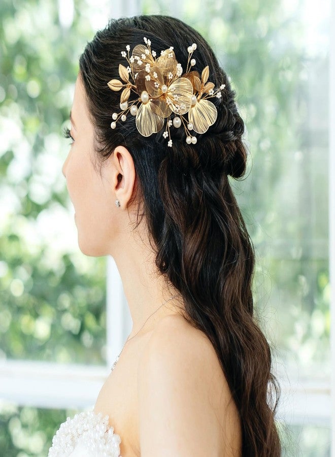 BETITETO Gold Flower Hair Accessories for Bride Wedding Pearl Metal Floral Hair Pieces with Combs for Women Girls - Image 2
